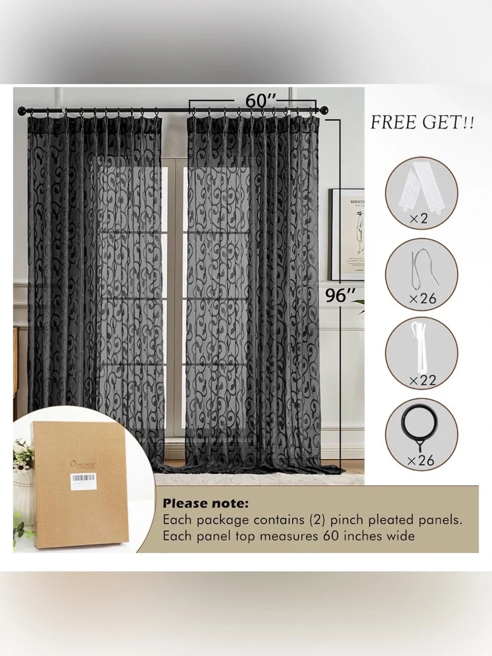 Black Pinch Pleated Sheer Curtains 96 Inches Long 2 Panels 60”x96” each